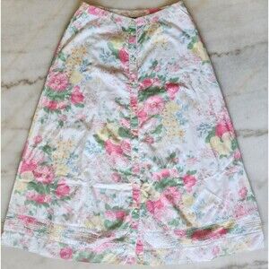 Vintage Lauren Ralph L 6 Petite Maxi Skirt White Floral Cottage Core Pink Yellow